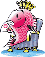 イラスト：王冠を頭に乗せ片手に扇子を持った鯛が、りっぱな王座に座って偉そうにしています