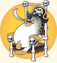 イラスト：口にサーベルをくわえドクロの椅子にふんぞり返る海賊の格好をしたフグ