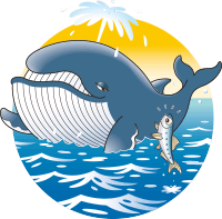 イラスト：大きな鯨が小さなマイワシを横目でチラリ。