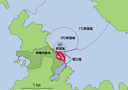 図版:アラメに対する影響の度合いが発電所敷地の海岸線に色分けされて描かれています