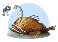 イラスト：アンコウが、特徴の提灯をちらつかせて小魚をさそっています