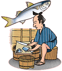 イラスト：魚をさばいている江戸時代の魚屋の髷が、ボラの背びれに似ています