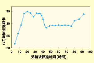 グラフ：縦軸に半数致死温度（℃）、横軸に受精後経過時間（時間）