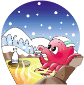 イラスト：温泉に浸かって茹で蛸のように赤くなったタコが、頭に手ぬぐいを乗せ雪見酒に興じています