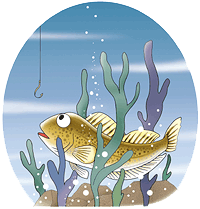 イラスト：岩礁の海藻から釣り鉤を覗くアイナメ