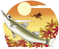 イラスト：紅葉と満月を背景にカマスと秋の虫