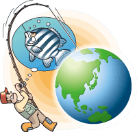 イラスト：地球を釣り上げようとする釣り人のイメージ