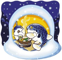 イラスト：フグの親子が、雪のかまくらの中で鍋を囲んで食事中です