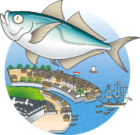 イラスト：長崎の出島を背景にはしゃぐマアジ